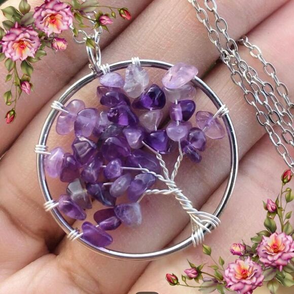 Crushed Stone Silver Color Tree Of Life Necklace - Picture 1 of 7